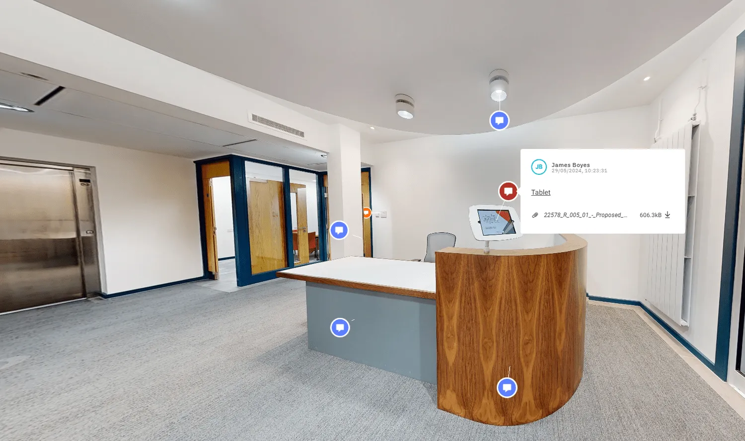 Digital twin of a reception area with tagged assets