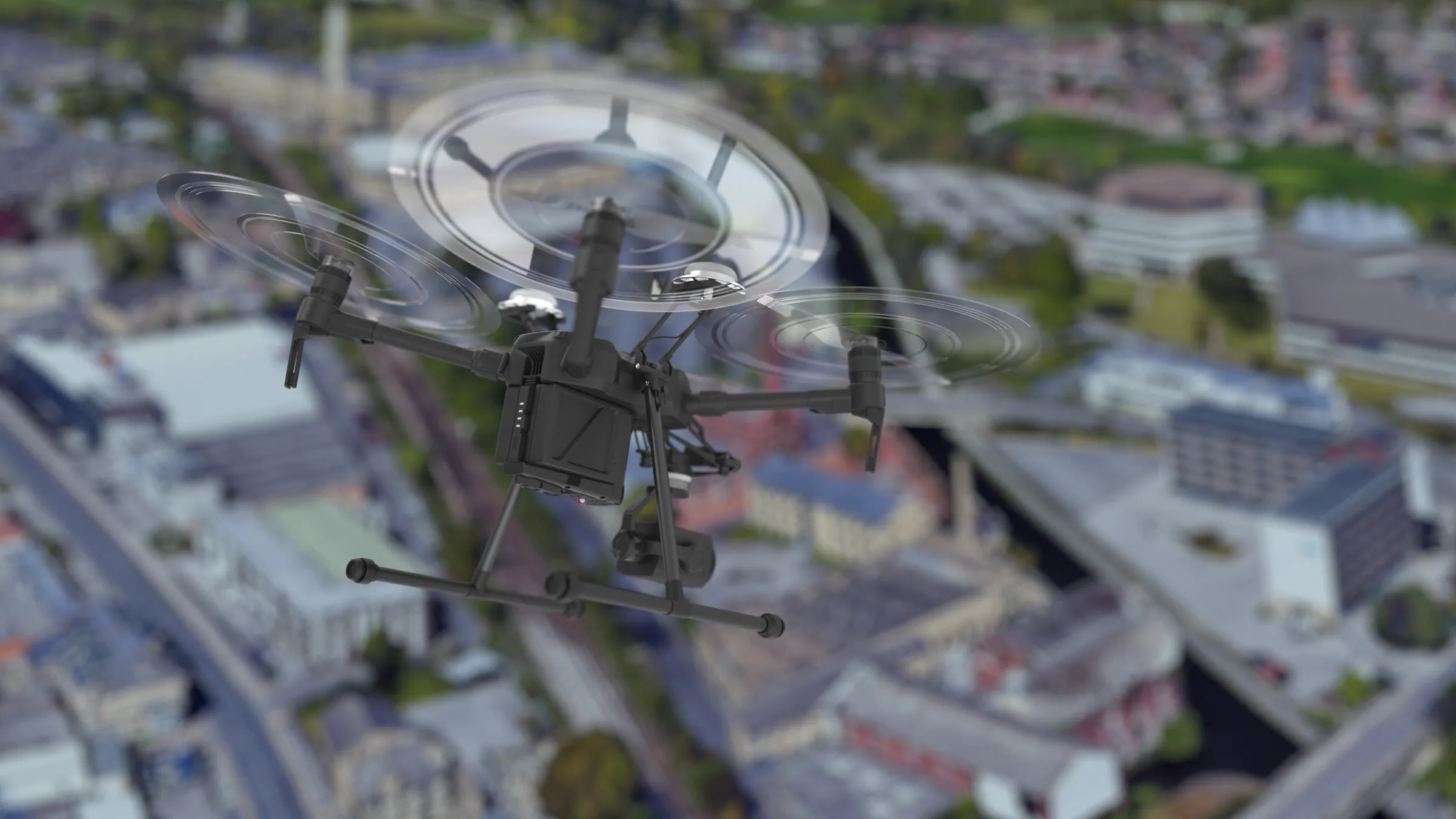 Survey drone in flight over a town