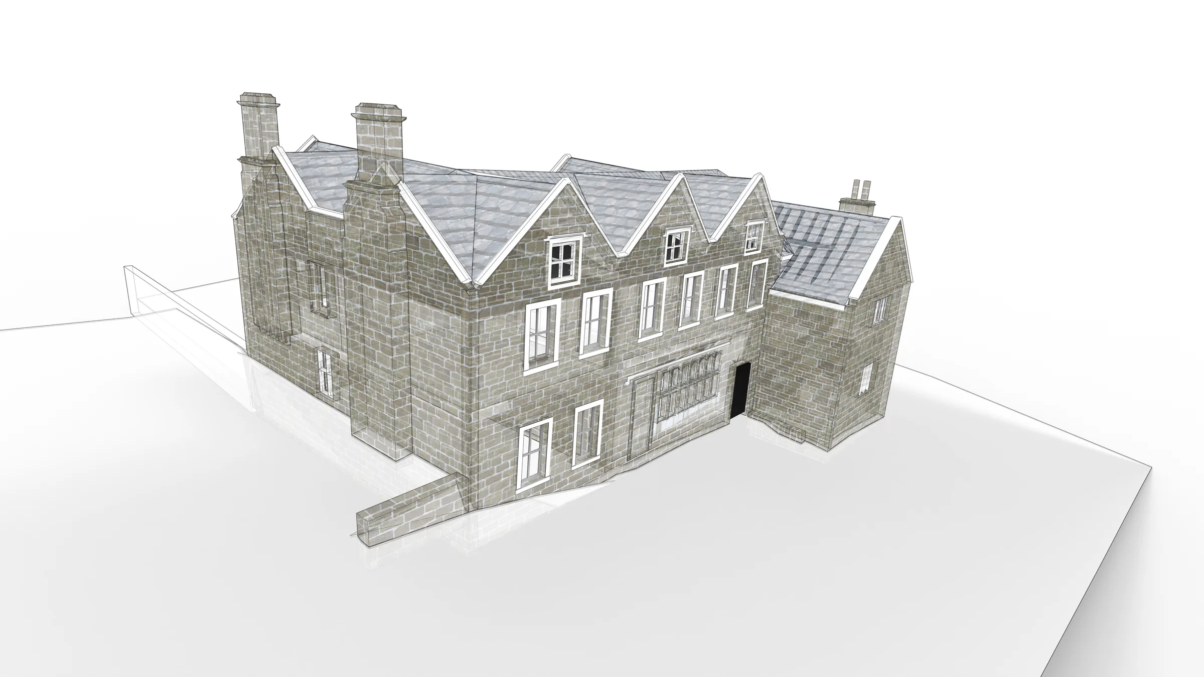 Shaded 3D CAD model of Baildon Hall in situ